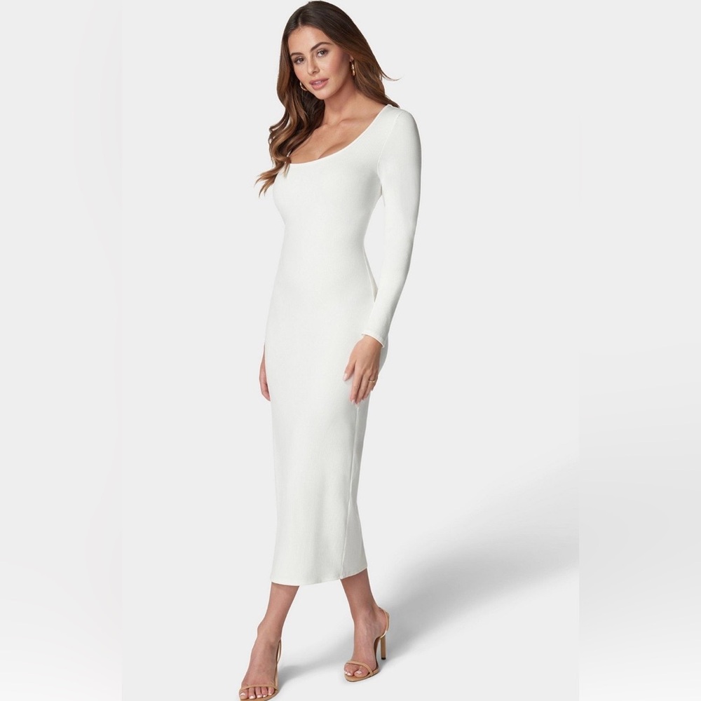 bebe Ivory/White Elegant Long Sleeve Bodycon Maxi Dress Size L